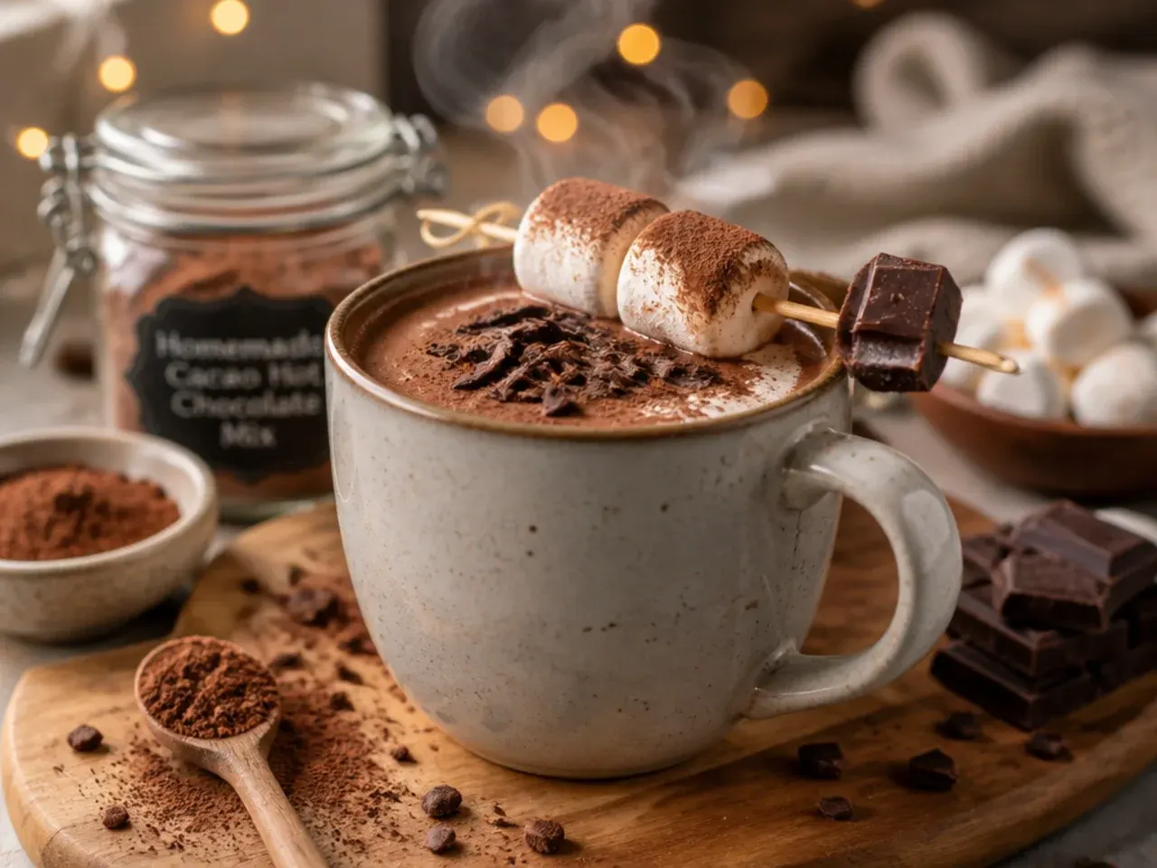 A glass jar of homemade cacao hot chocolate mix with a wooden spoon and ribbon, ready for gifting