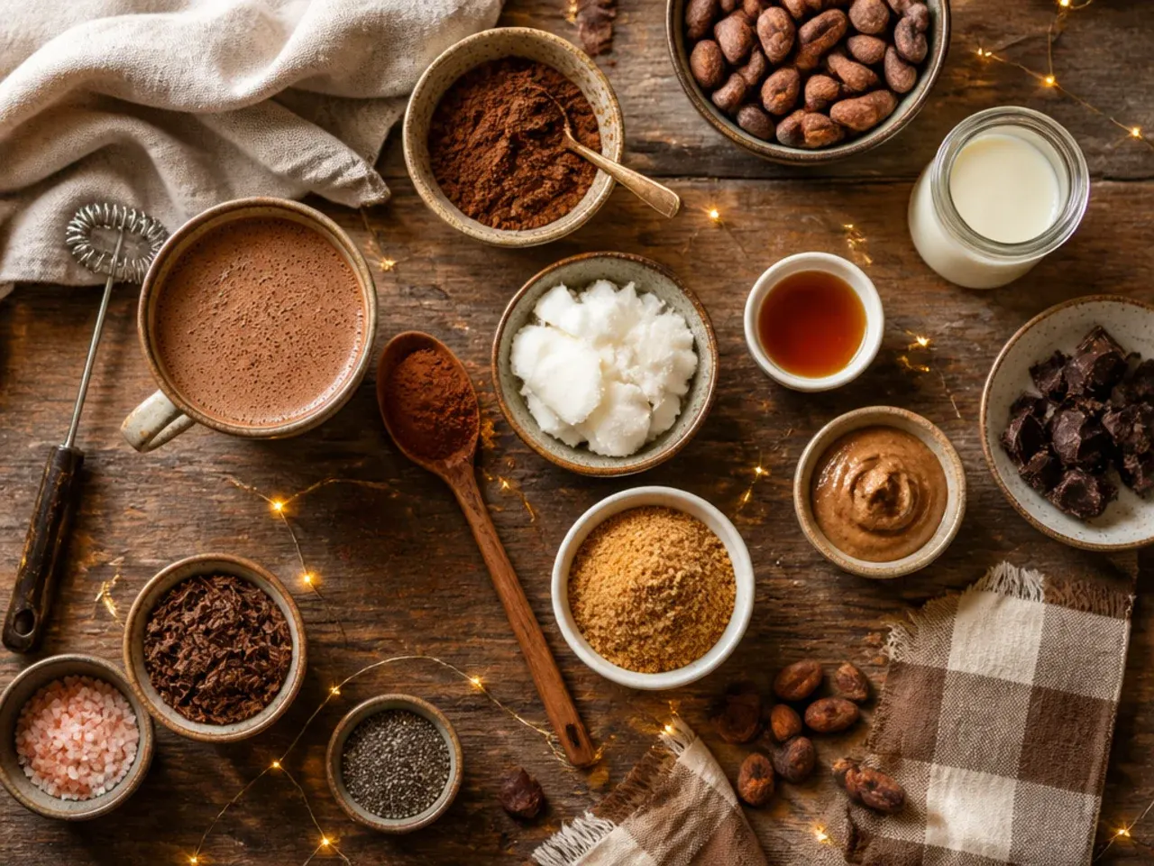 Close-up of raw cacao powder being whisked into hot milk in a saucepan to form a smooth paste