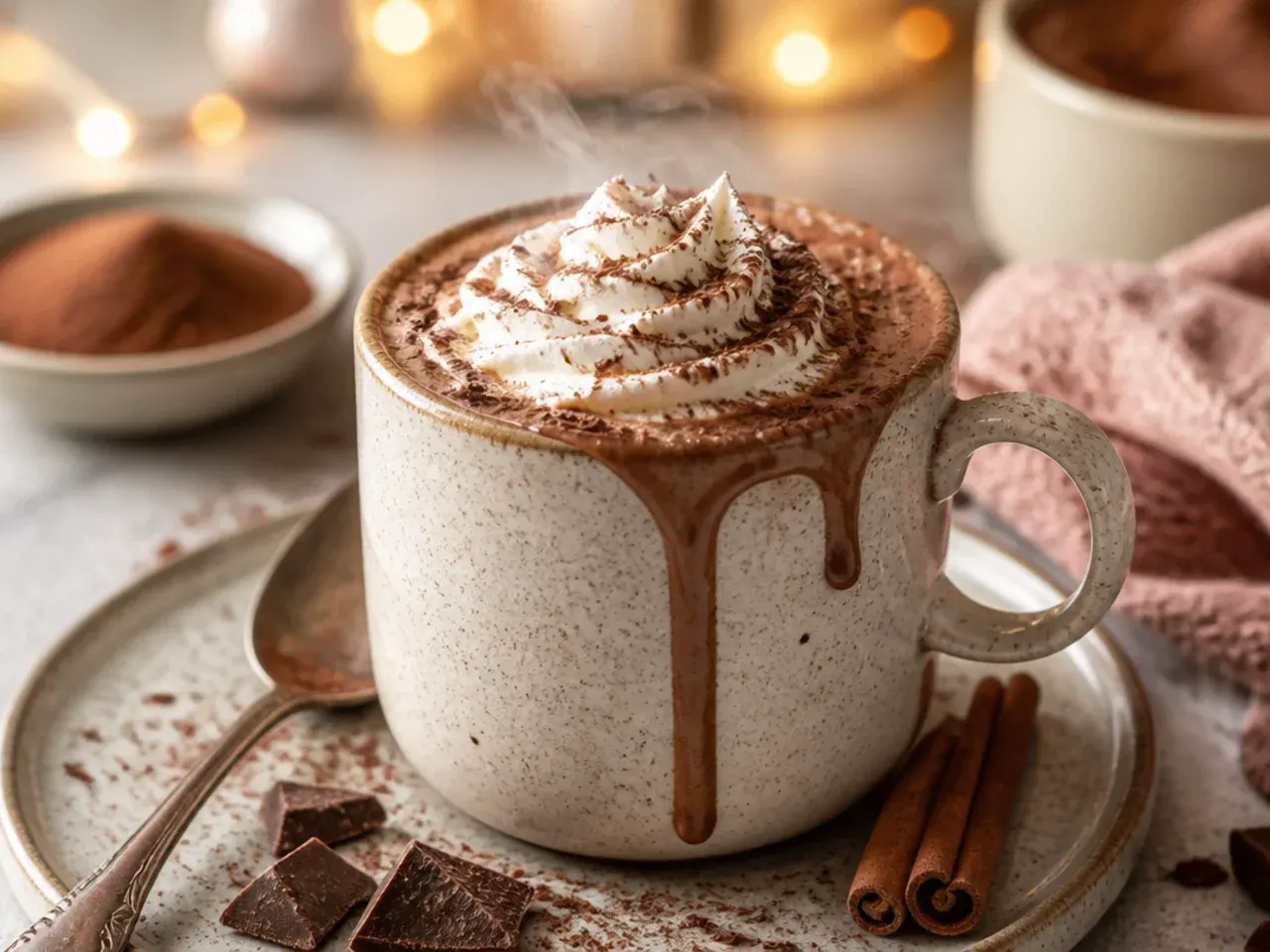 A cacao hot chocolate served in a clear glass mug garnished with whipped cream, cacao nibs and a cinnamon stick, with a shortbread biscuit on the side