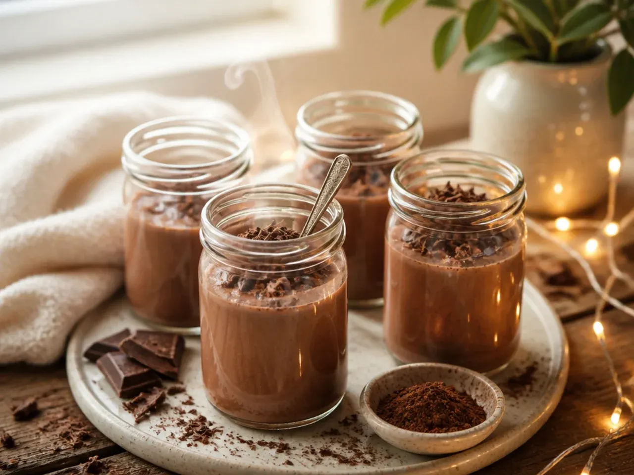 A jar of make-ahead cacao hot chocolate concentrate being stored in the fridge alongside a labelled batch container