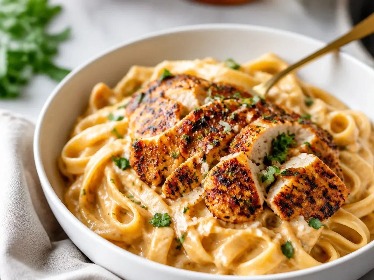 Overhead shot of creamy cajun chicken alfredo pasta in a white bowl with steam rising