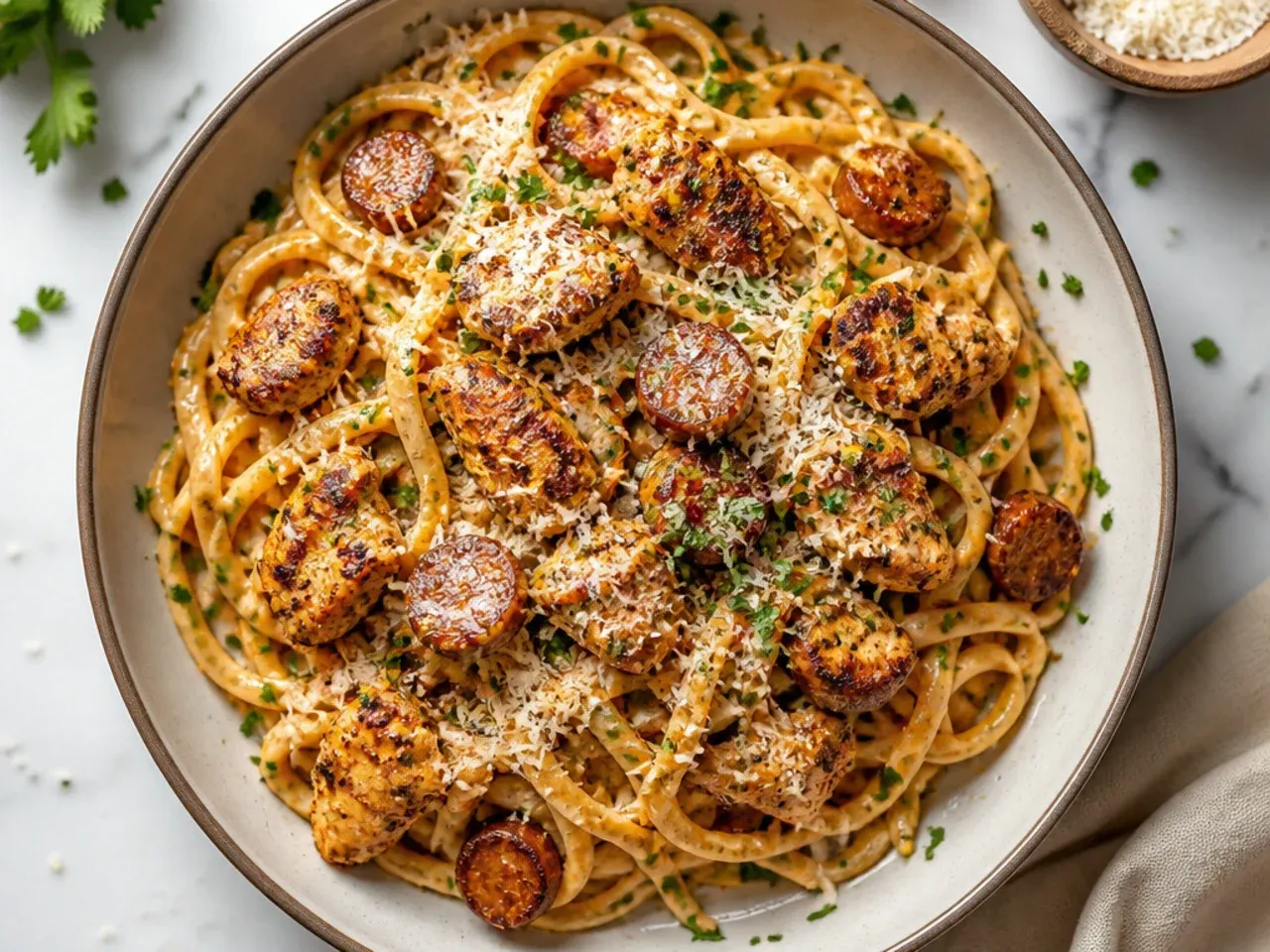 Sliced andouille sausage and chicken in a cajun alfredo skillet