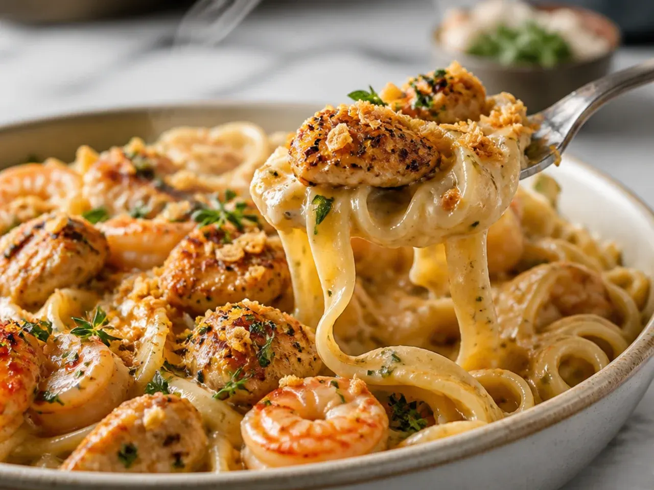Cajun chicken and shrimp alfredo pasta with pink shrimp on top
