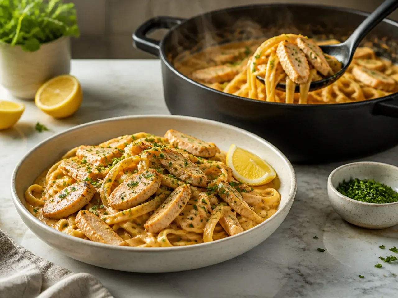 One-pot cajun chicken alfredo simmering with pasta cooking directly in the sauce
