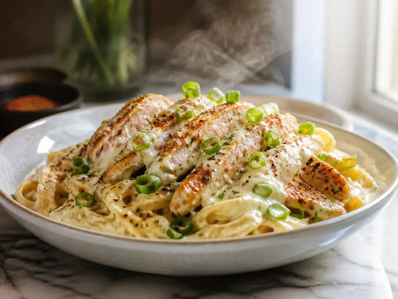 Thick, glossy cajun chicken alfredo sauce made with cream cheese