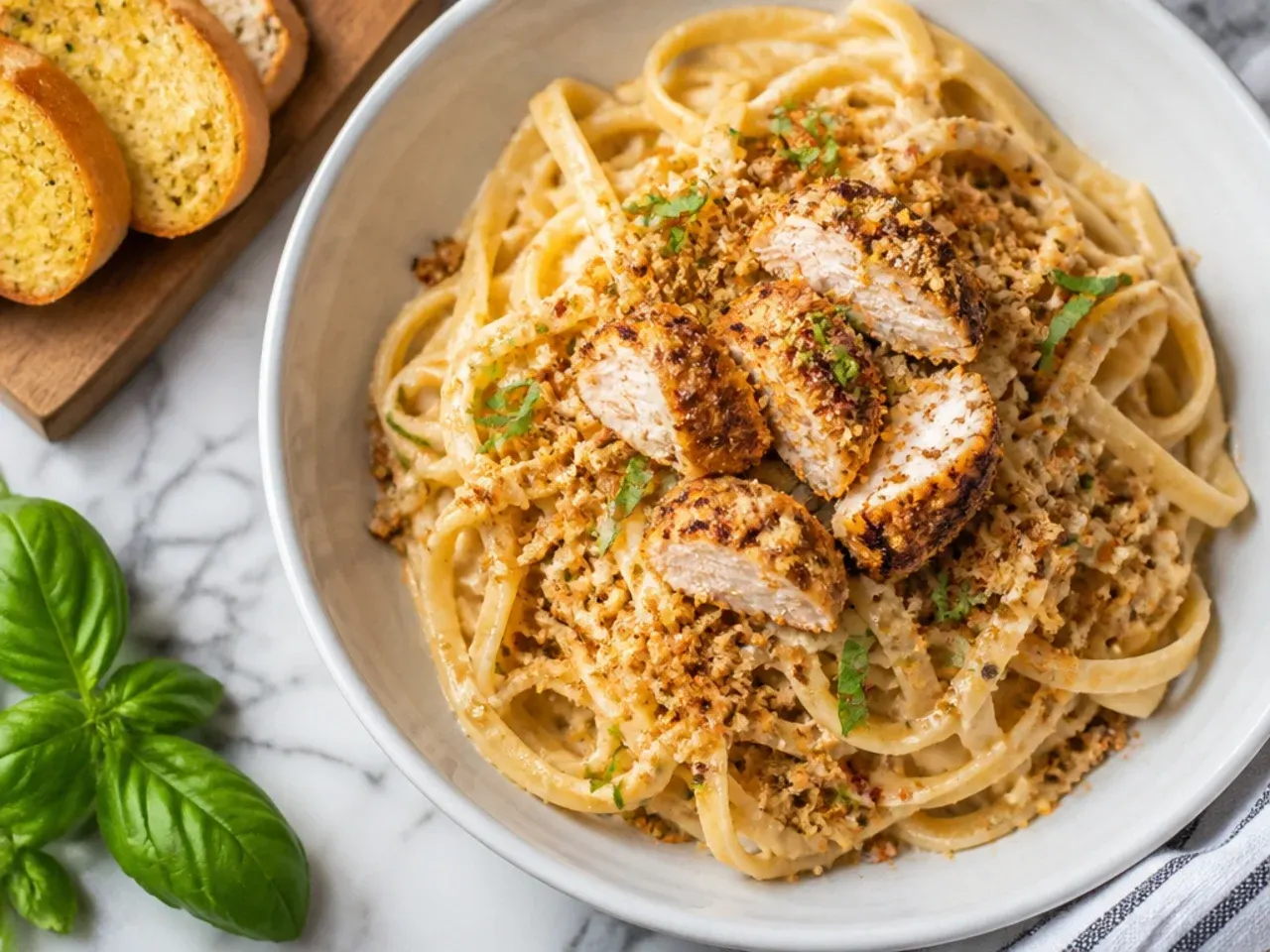 Simple five-ingredient cajun chicken alfredo in a plain white bowl