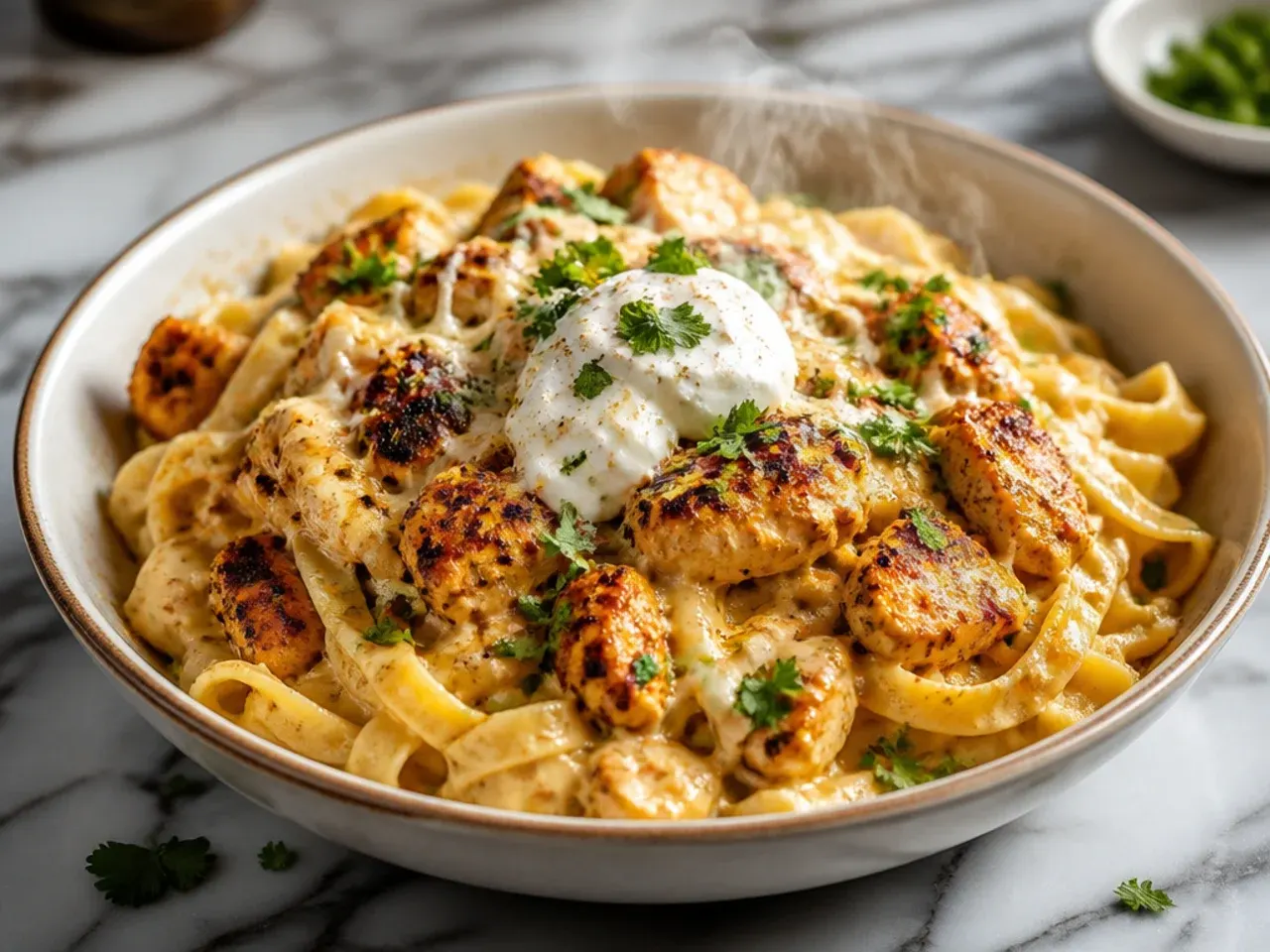Bubbling baked cajun chicken alfredo with golden melted mozzarella on top
