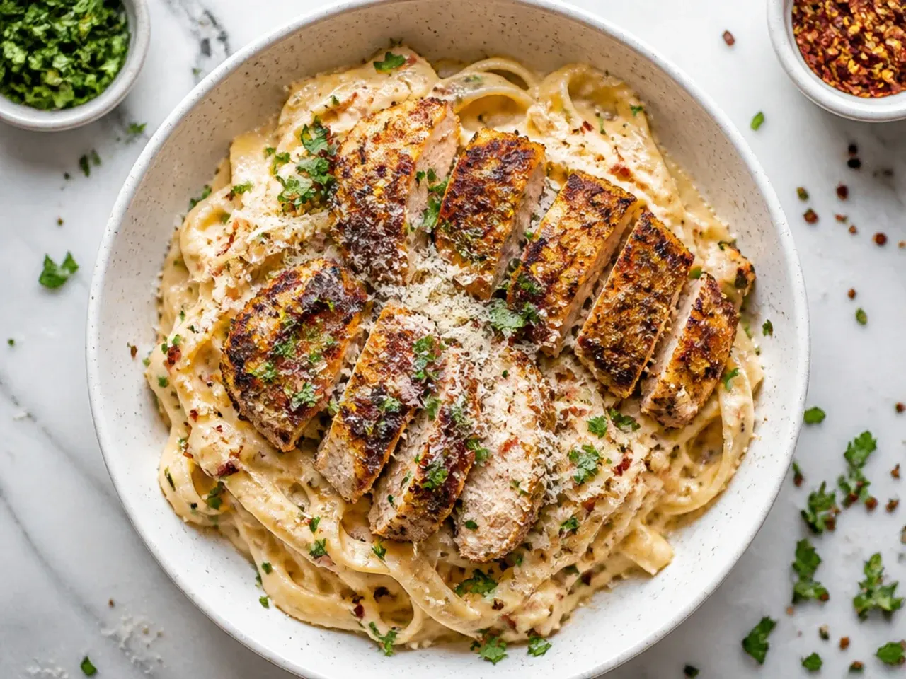 Budget cajun chicken alfredo made with chicken thighs and peas