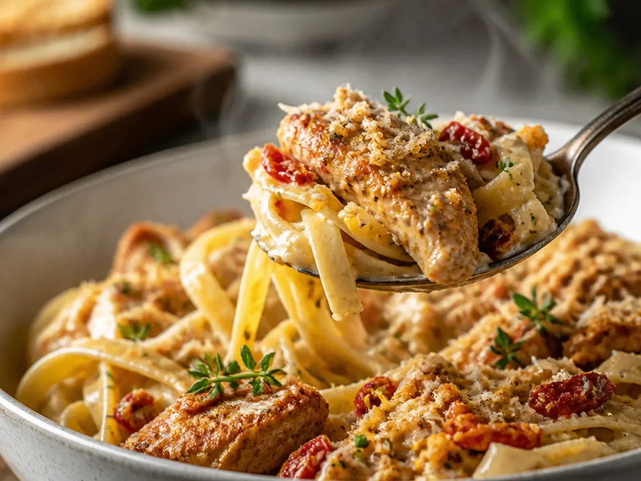 Cajun chicken alfredo pasta studded with chopped sun-dried tomatoes