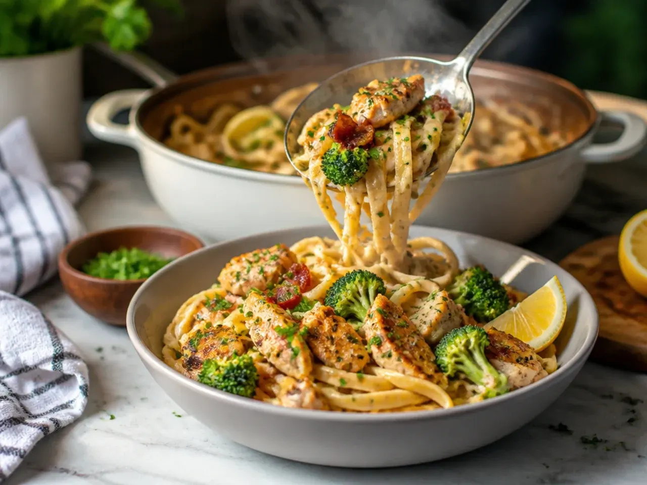 Loaded cajun chicken alfredo topped with crispy bacon and broccoli
