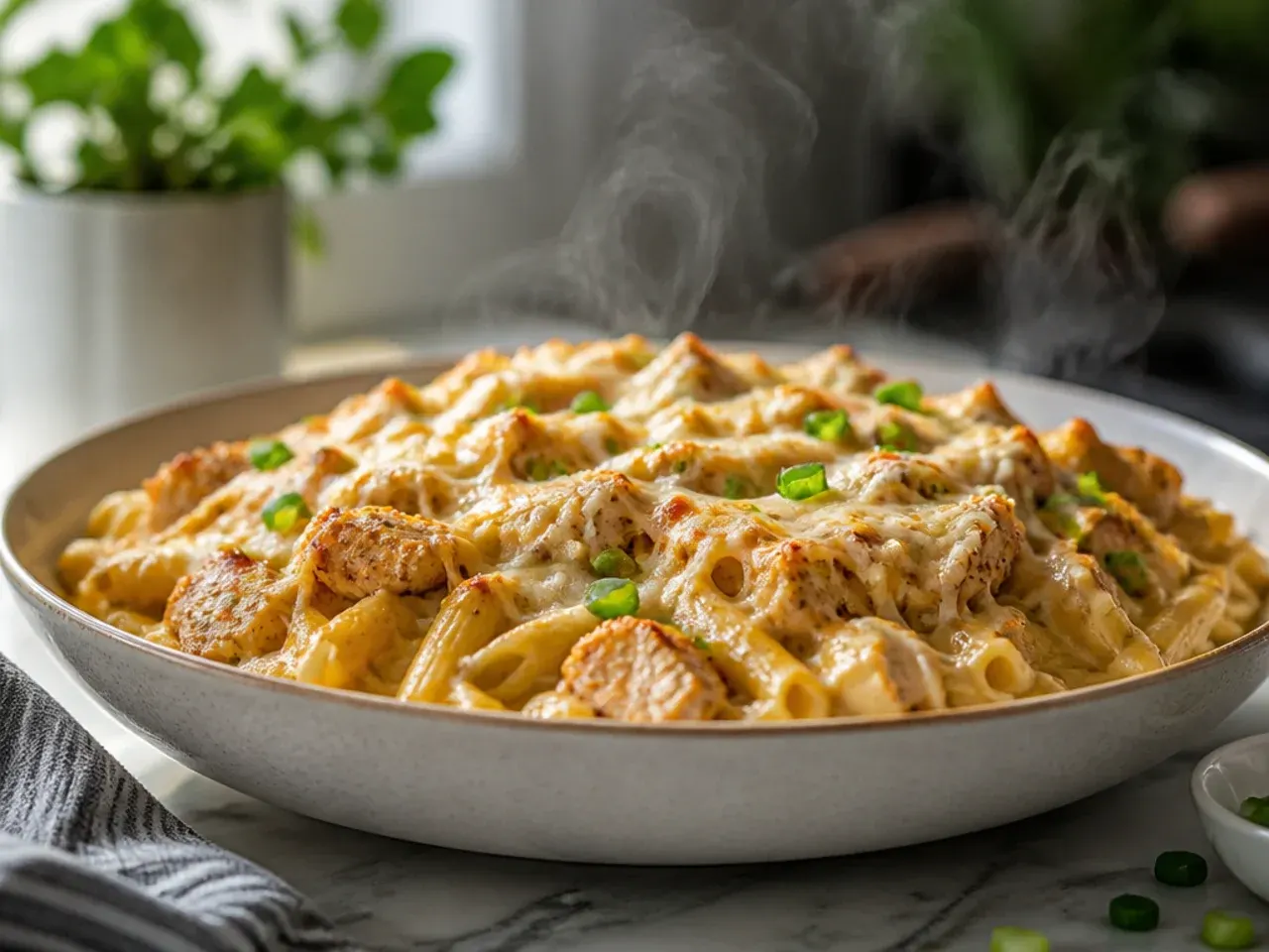 Large family-size cajun chicken alfredo casserole with a golden breadcrumb topping