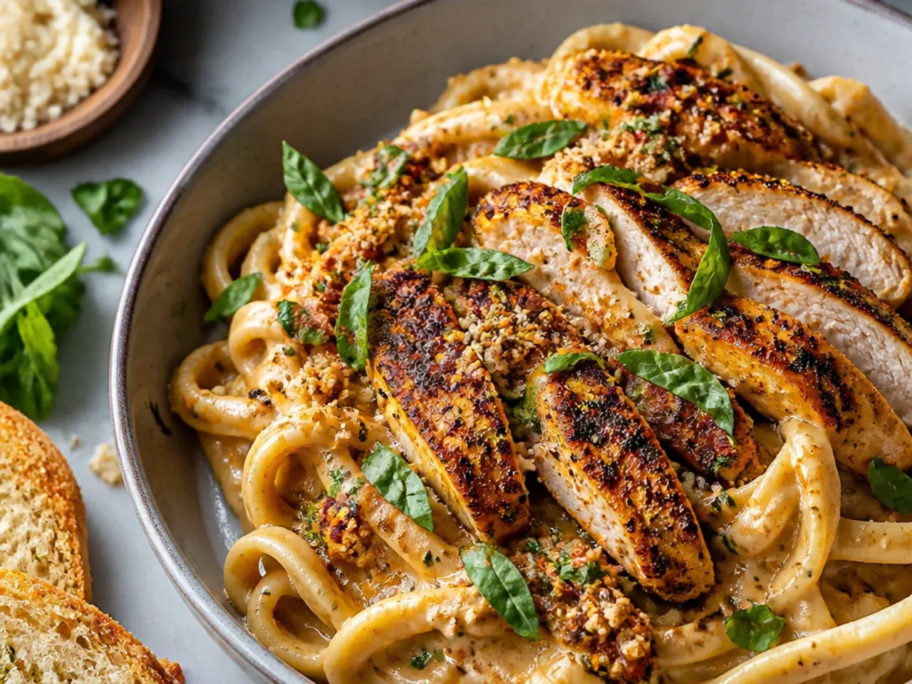 Close-up of blackened cajun chicken breast sliced over alfredo pasta