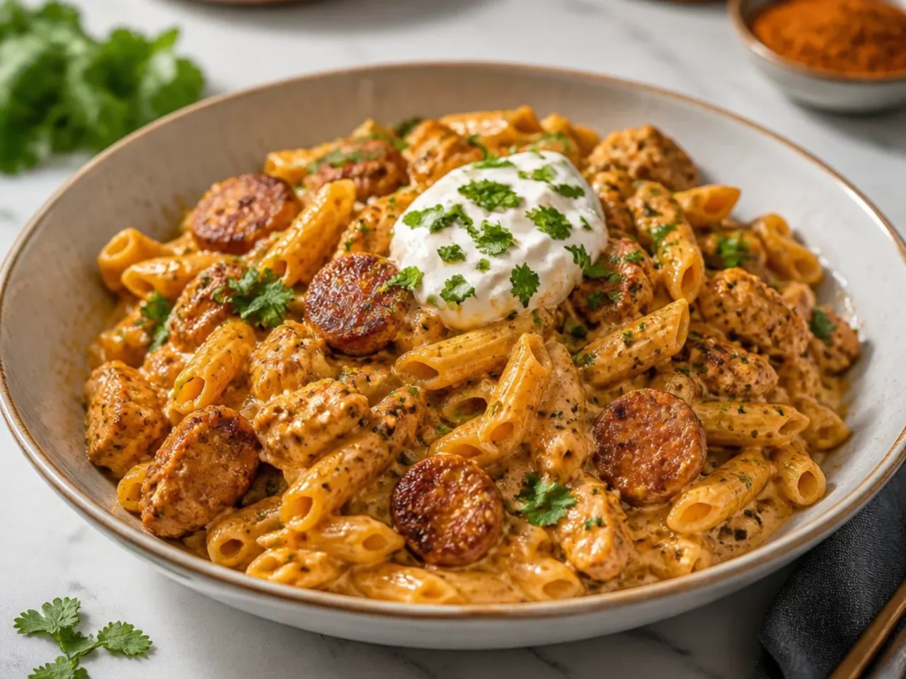 One-pot cajun sausage and penne alfredo in a Dutch oven