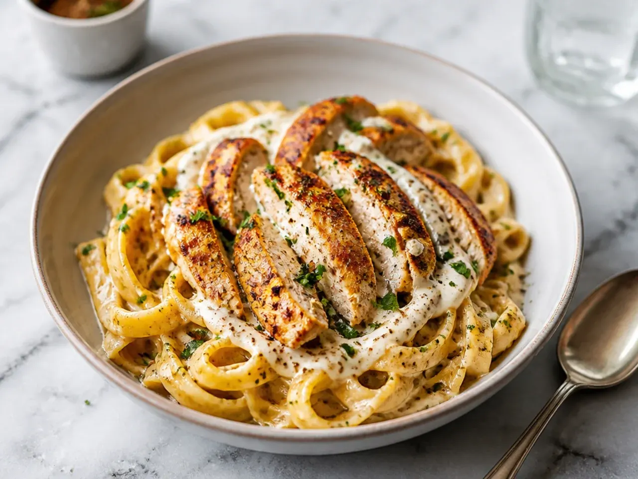 Classic cajun chicken fettuccine alfredo twirled on a fork