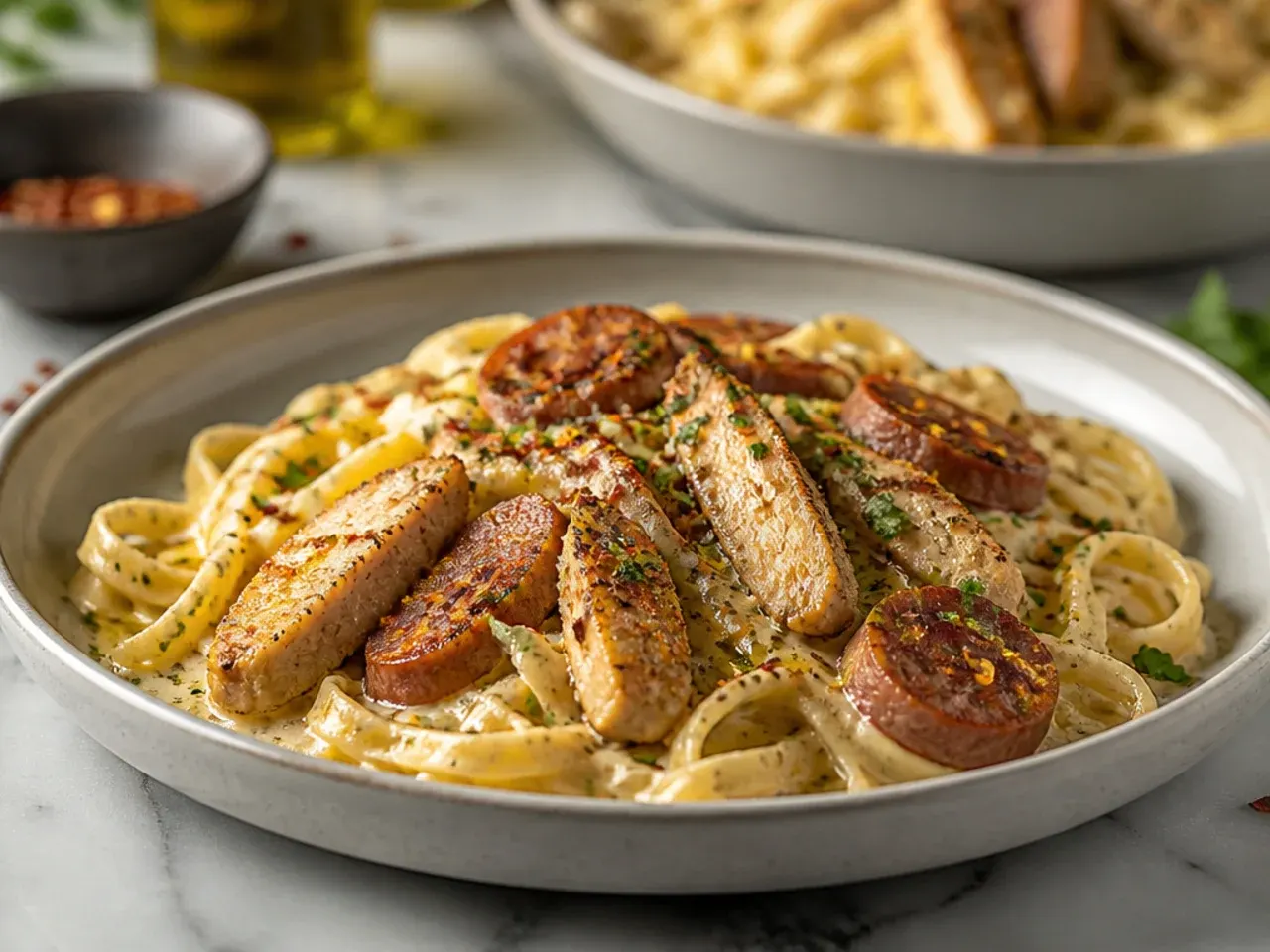 Cajun chicken and kielbasa alfredo with sliced sausage half-moons