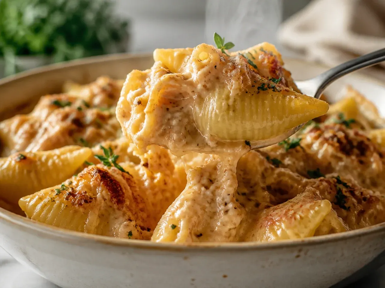 Jumbo pasta shells stuffed with cajun chicken alfredo filling in a baking dish