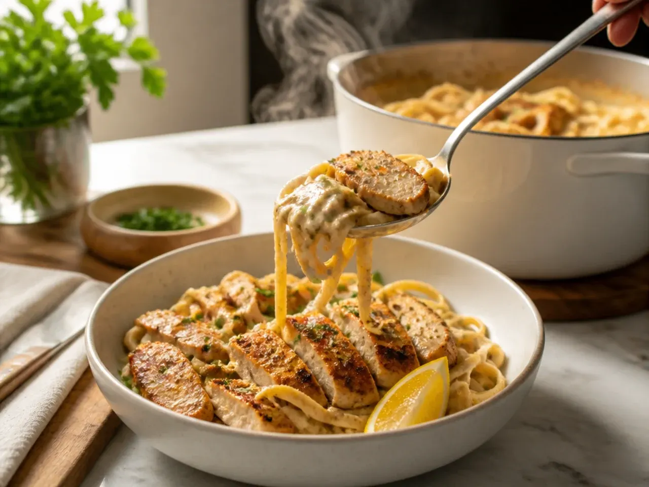 Glossy restaurant-style cajun chicken alfredo plated in a shallow bowl