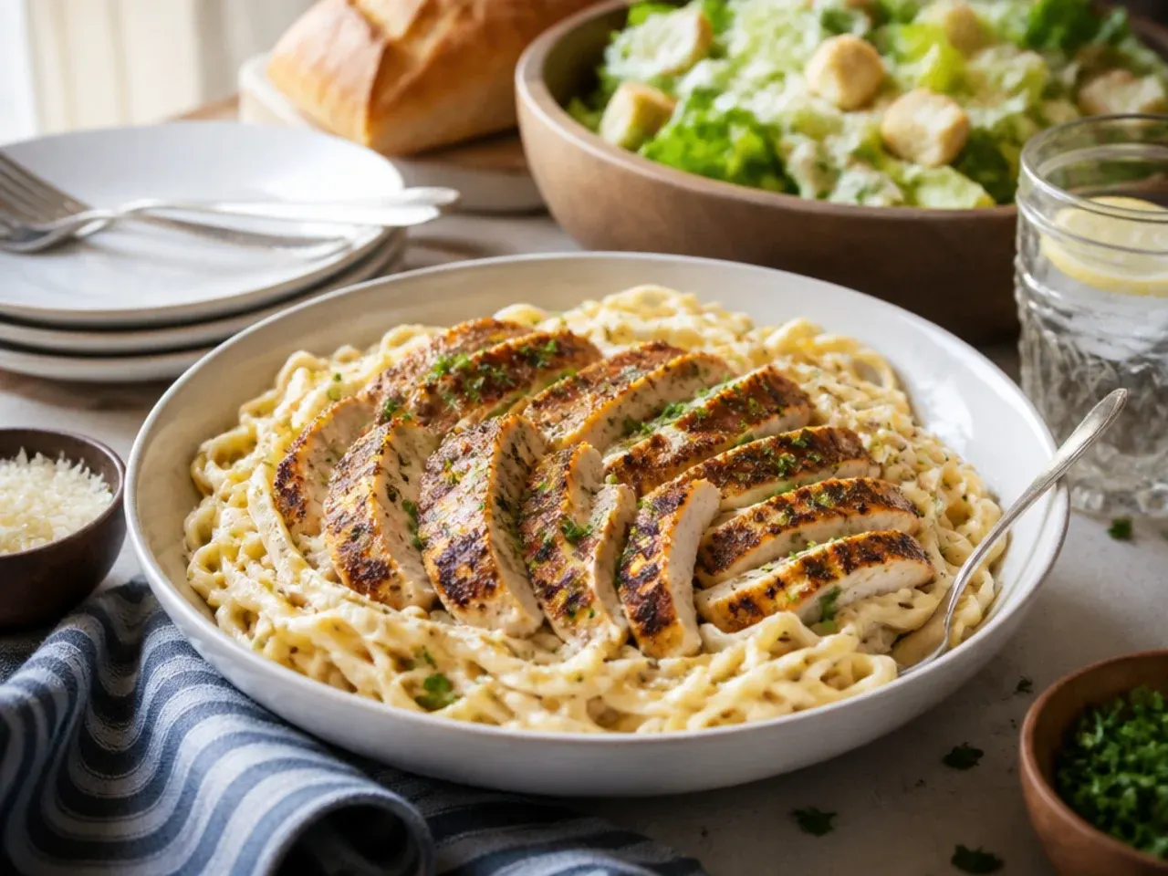 Cajun chicken alfredo served with garlic bread and a green side salad