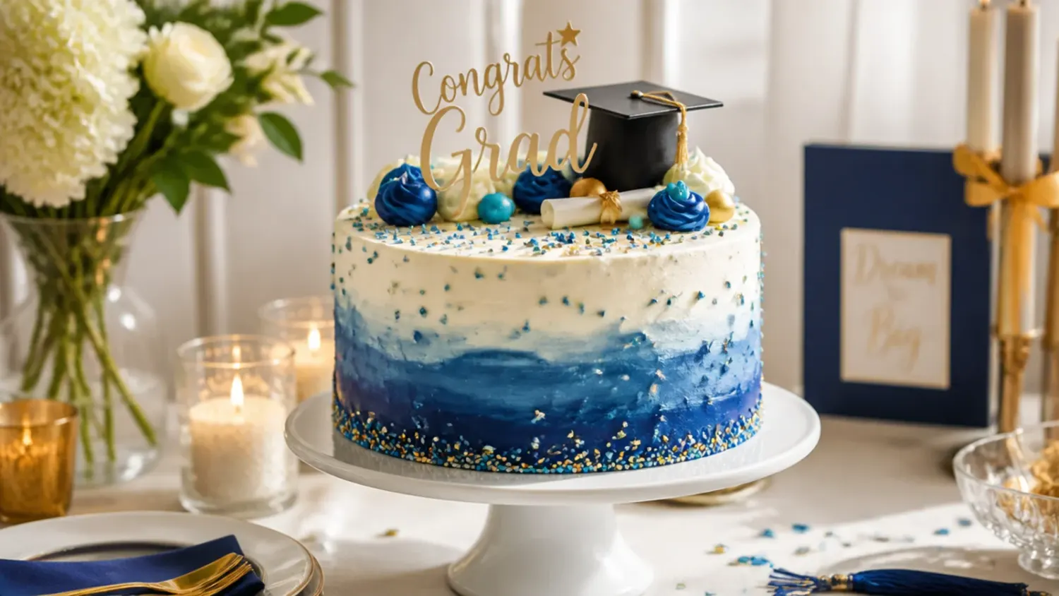 A white sheet cake iced with buttercream, a chocolate graduation cap topper and piped gold '2026' lettering, one of 20 budget-friendly cake graduation ideas