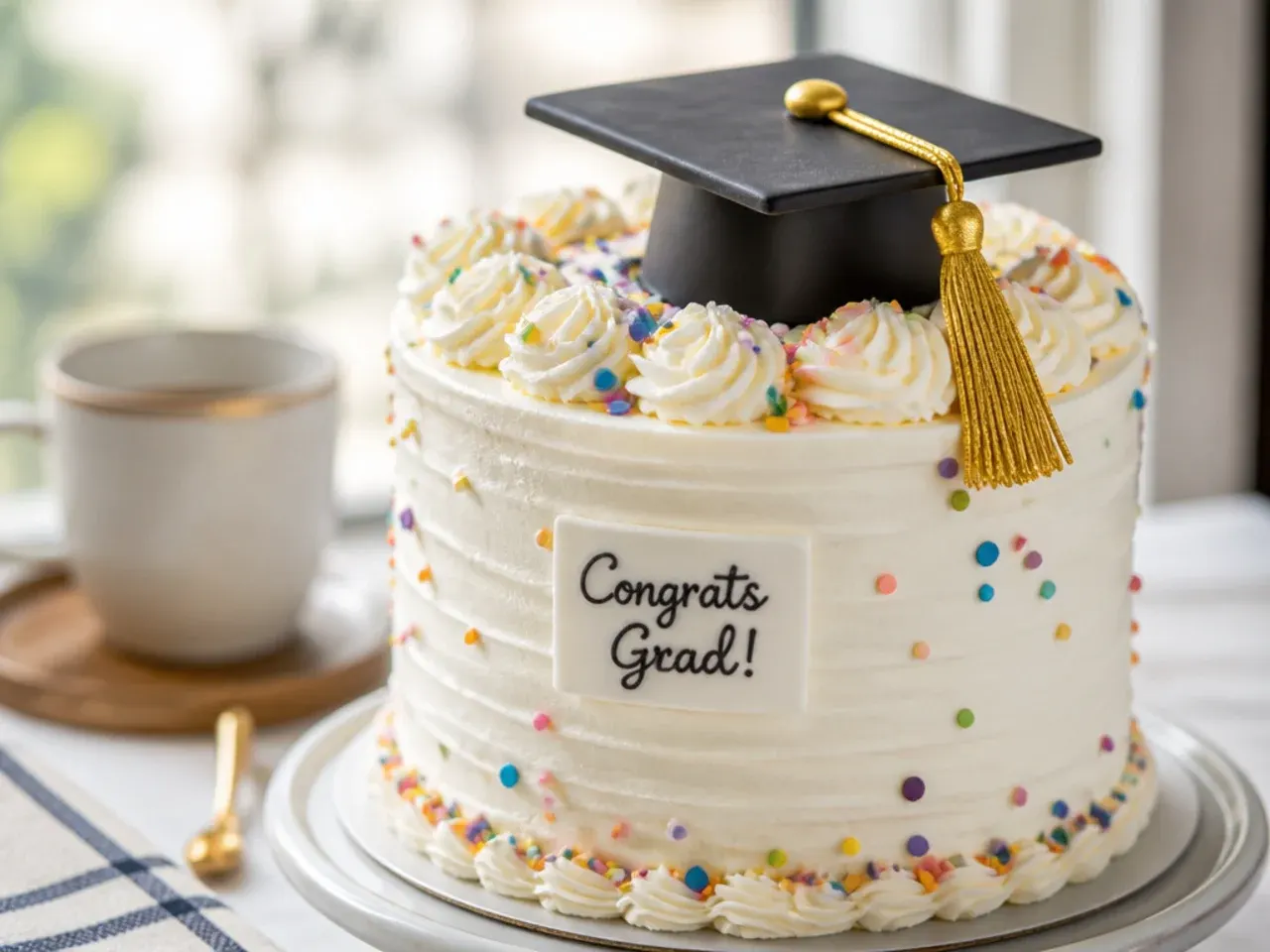 Overhead shot of a simple white buttercream sheet cake with a chocolate graduation cap topper, styled on a plain table