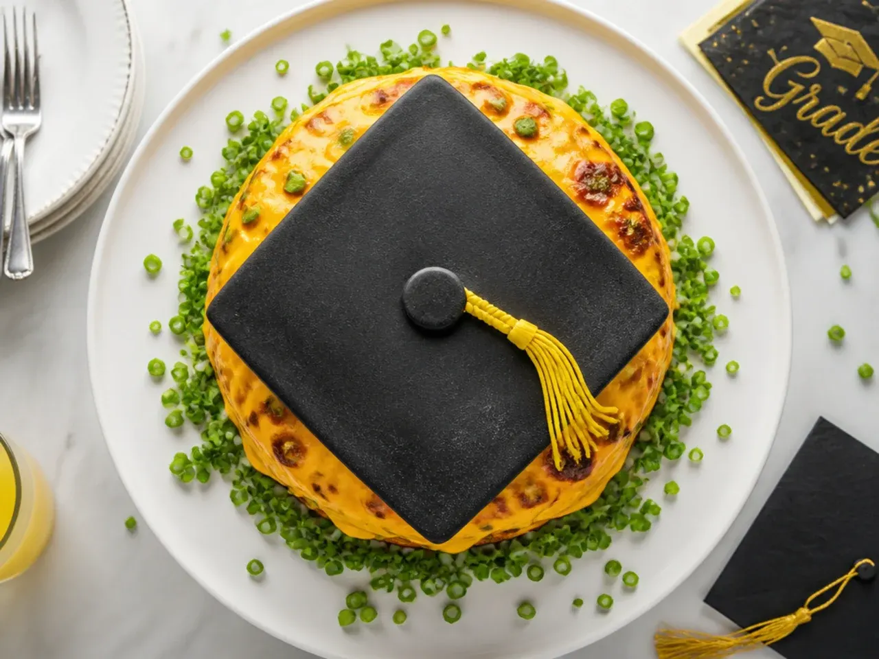 Round buttercream cake topped with a square cake layer styled as a graduation mortarboard cap with a liquorice tassel