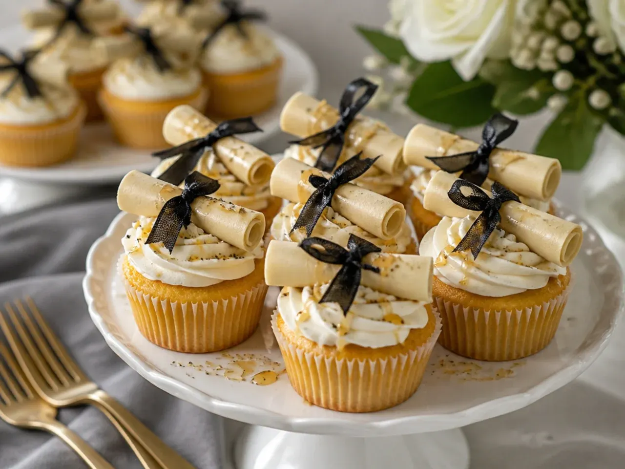 Vanilla cupcakes topped with rolled fondant diploma scrolls tied with thin ribbon