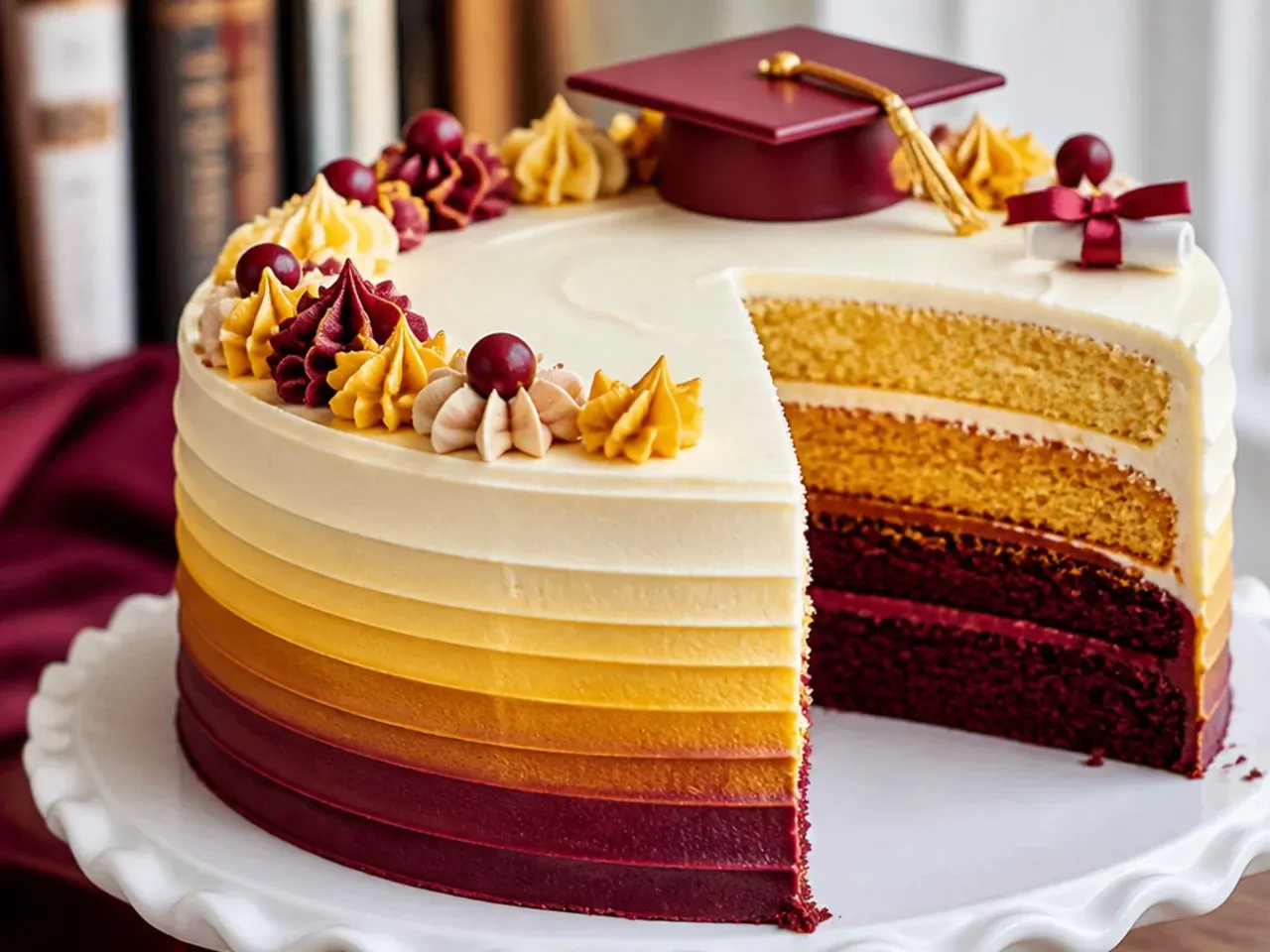 Round cake iced in an ombré buttercream gradient from dark to light school colour