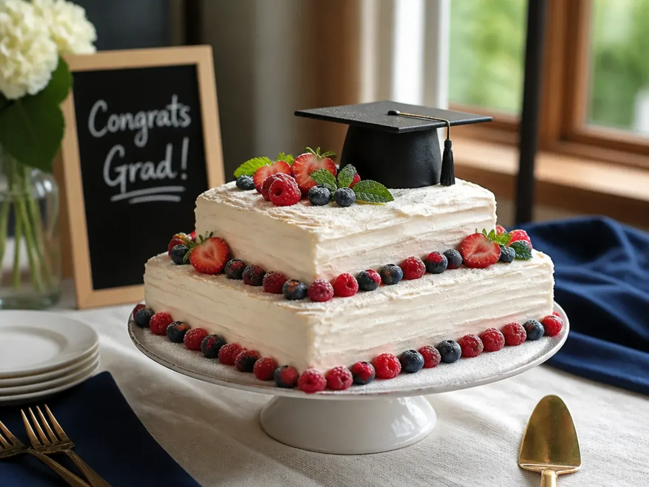 Two-tier illusion cake made from one large and one smaller sheet cake layer stacked and frosted as one design