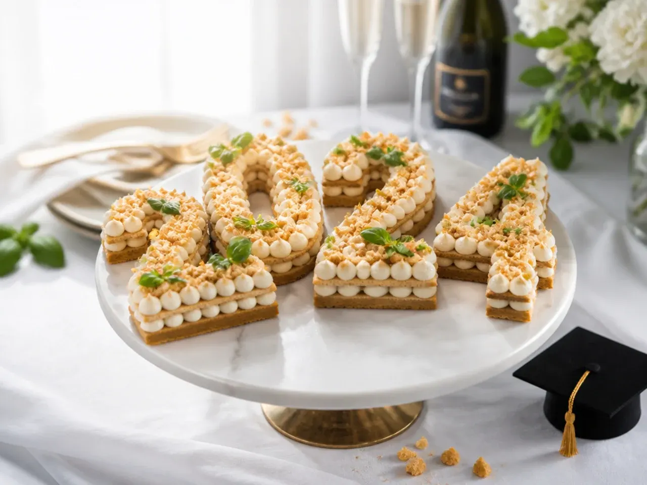 Naked-style number cake spelling out the graduation year, topped with fresh berries and light cream frosting