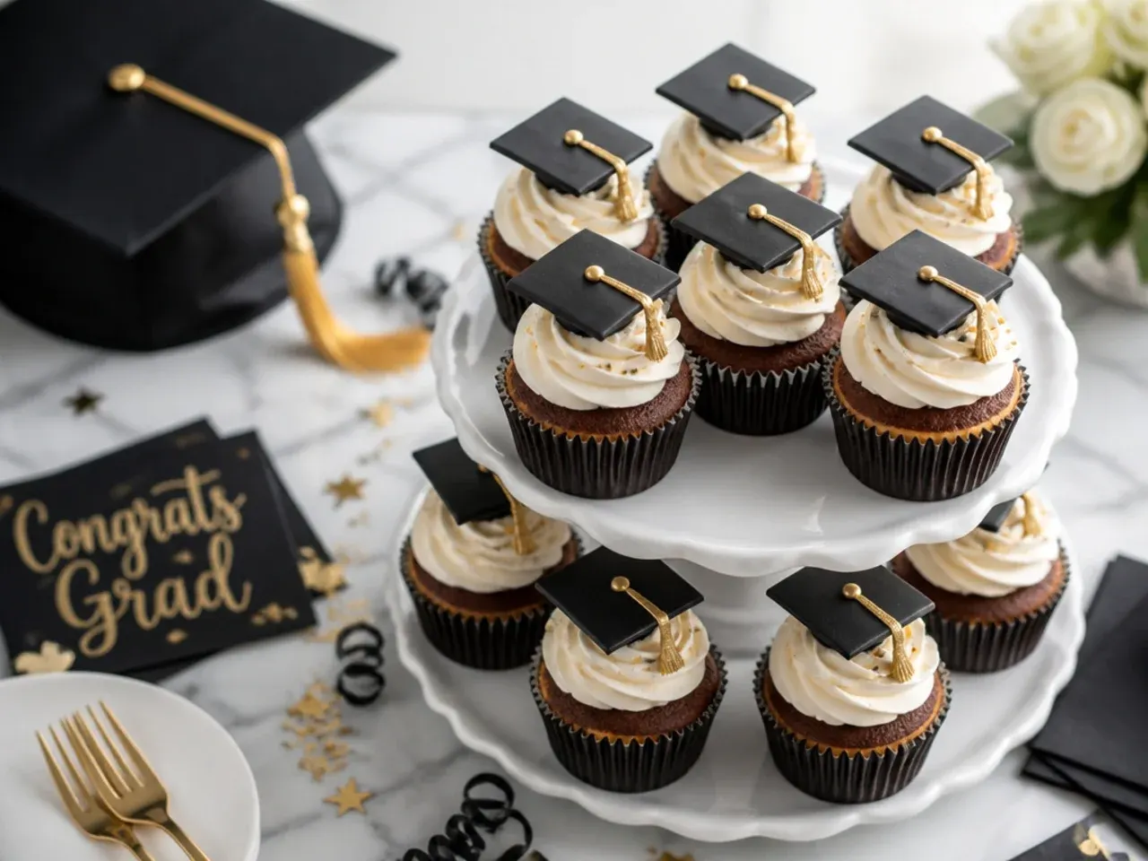 Tiered stand of frosted cupcakes with mini chocolate graduation cap toppers on the outer ring only