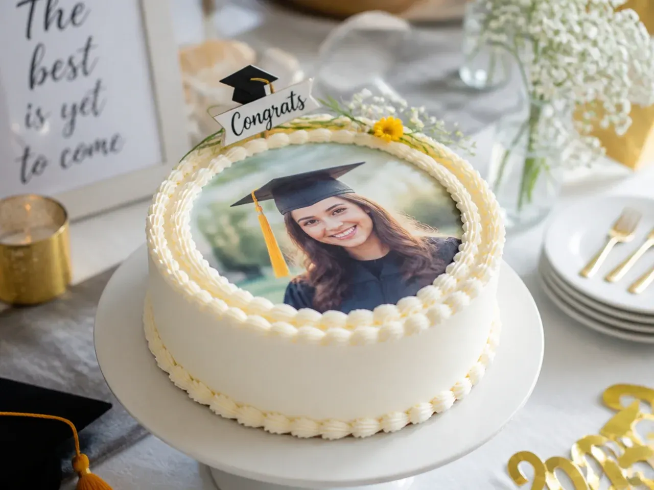 Cake topped with an edible printed photo sheet bordered by a simple piped buttercream edge