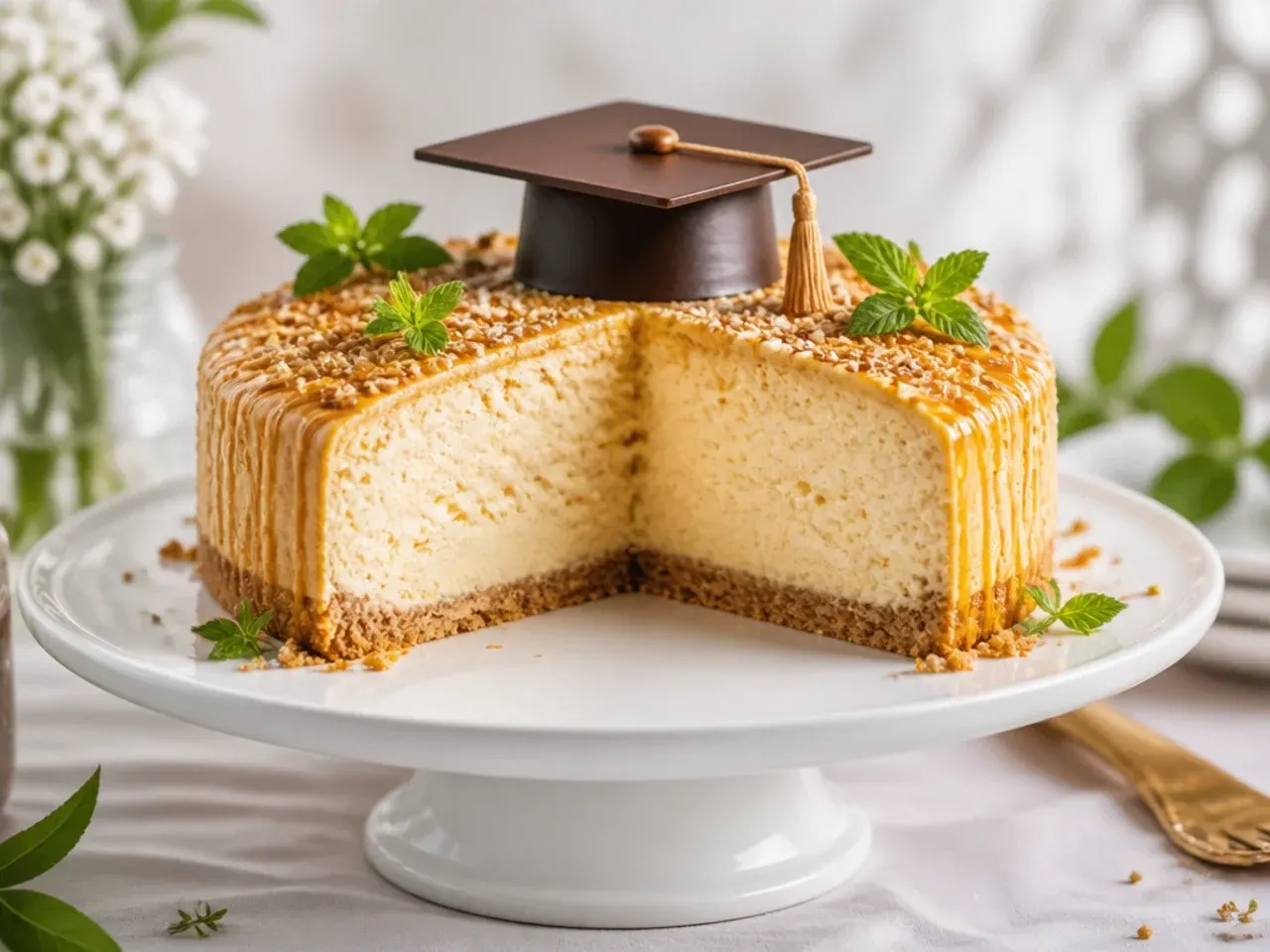 Baked vanilla cheesecake on a biscuit base with a single small chocolate graduation cap topper in the centre