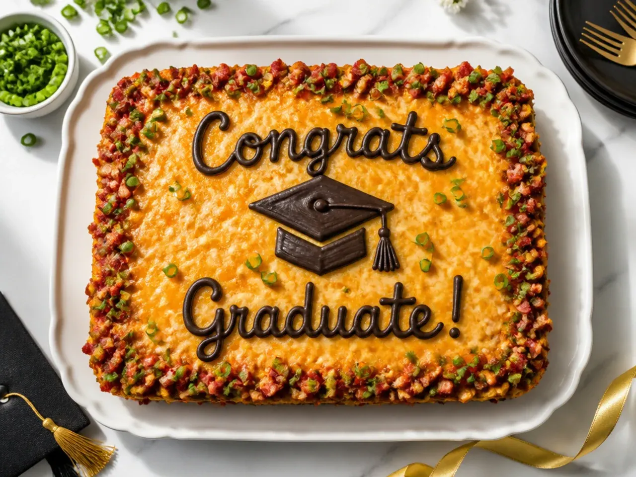 Plain sheet cake in its baking tin with piped congratulations message and no additional decoration