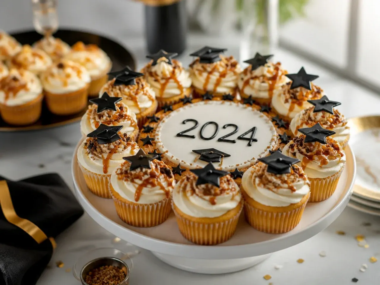 Cupcakes arranged on a board to spell out the graduation year, using number-shaped placement