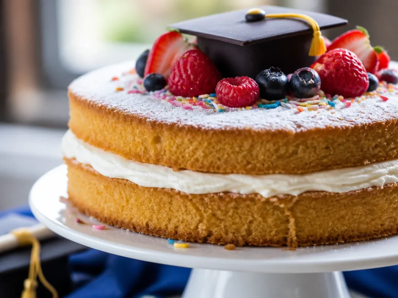 Wrapped sponge cake layers stacked in a freezer, prepared ahead for a graduation party