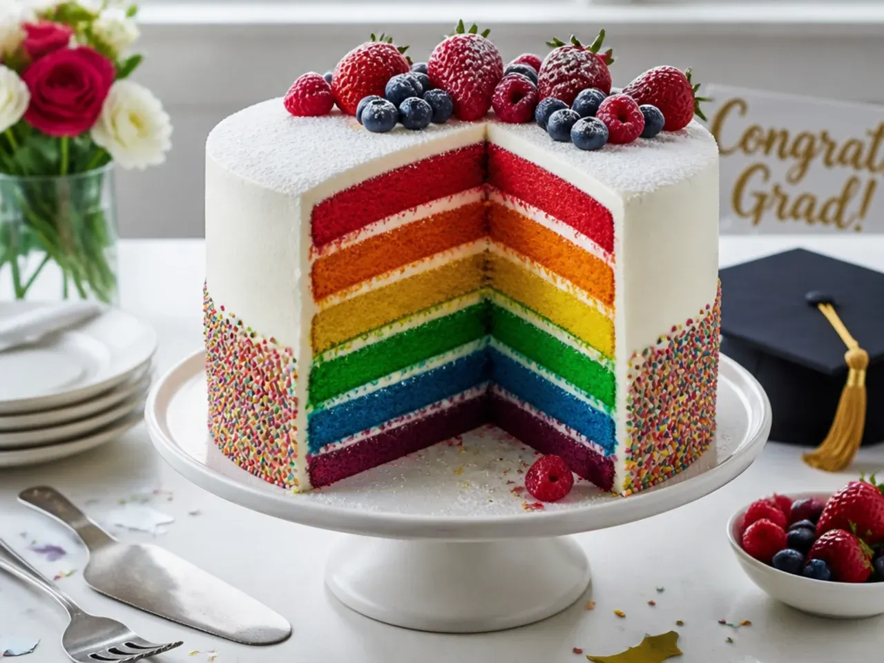 Sliced rainbow layer cake with plain white buttercream finish, showing colourful layers inside