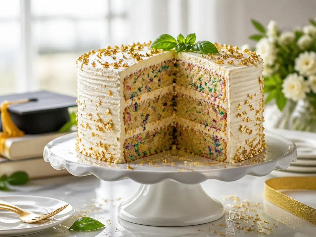 Funfetti sponge cake with sprinkles folded through the crumb and a scatter of gold sprinkles on the iced sides