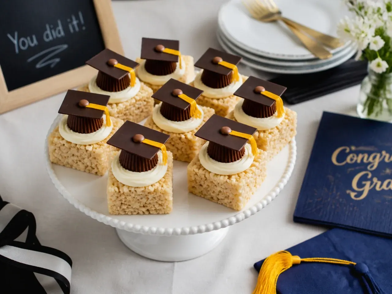 Rice cereal treats cut into squares and topped with melted chocolate and a small tassel to resemble mini graduation caps