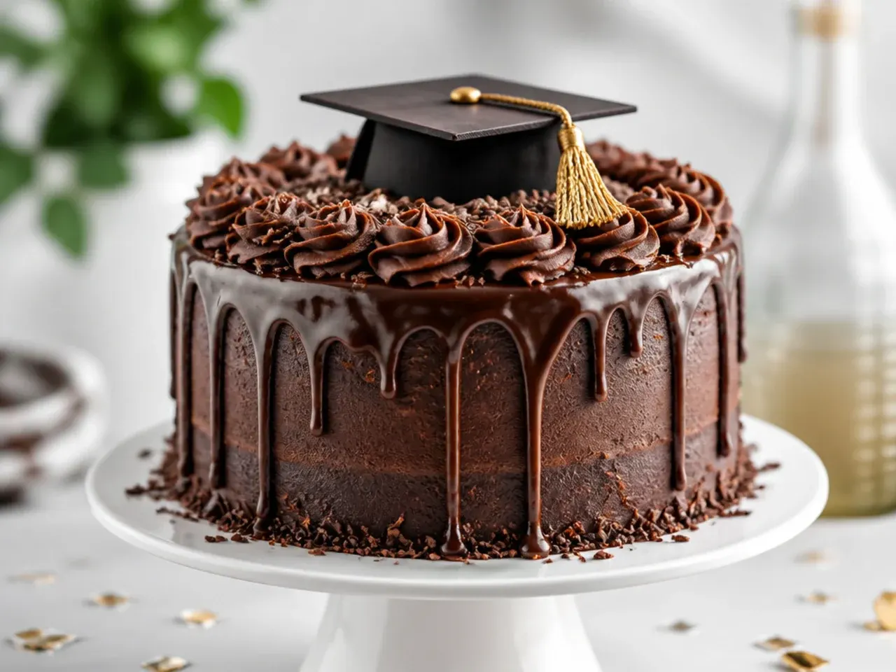 Chocolate fudge cake shaped as a graduation mortarboard with chocolate buttercream and a dark chocolate topper