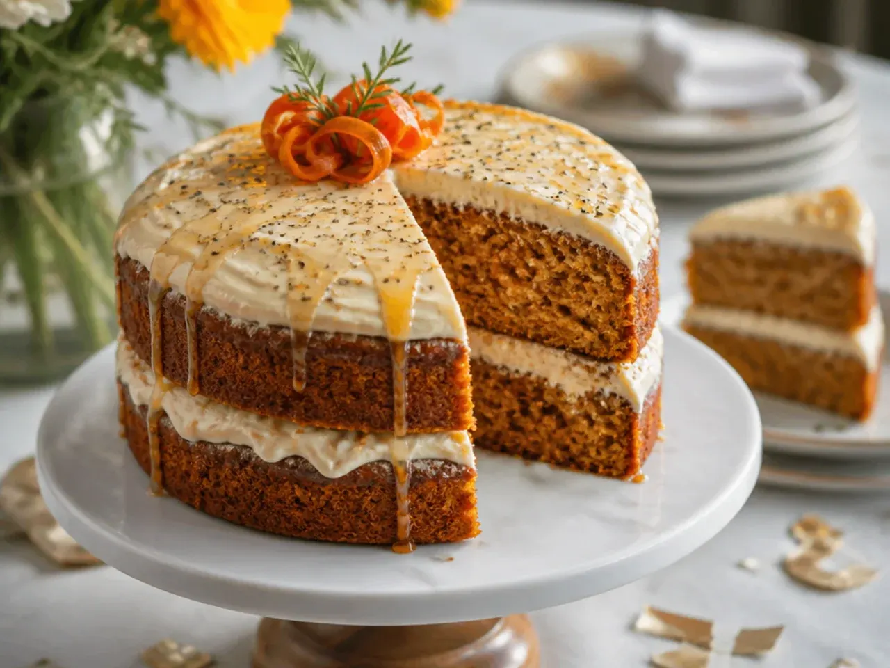 Spiced carrot cake with cream cheese frosting and a small piped graduation cap topper in school colours