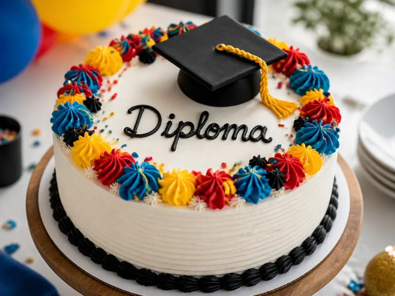 Plainly iced cake with a continuous piped ribbon border in school colour and the graduate's name piped across the top