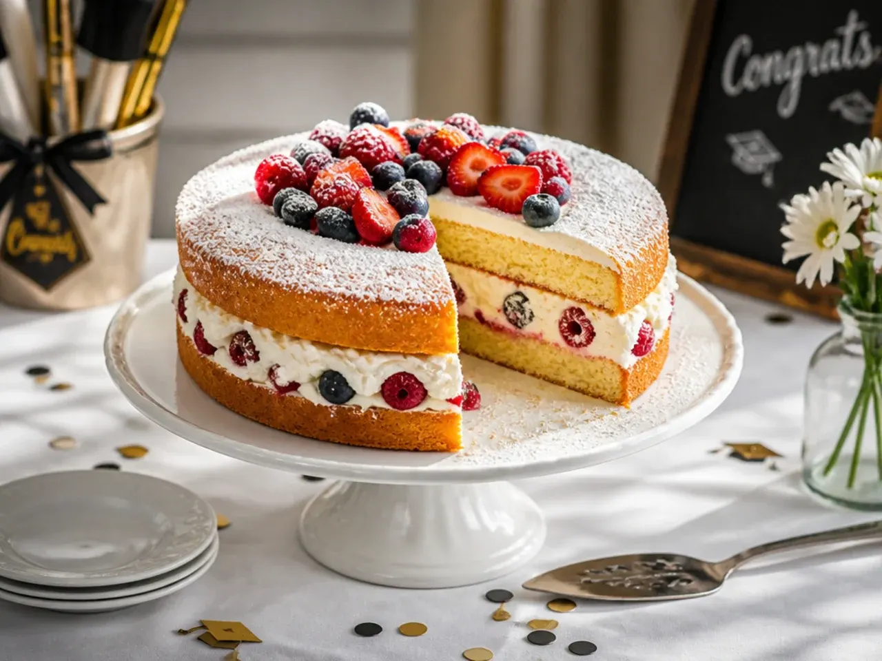 Cake topped with light mascarpone cream and a generous pile of fresh mixed berries