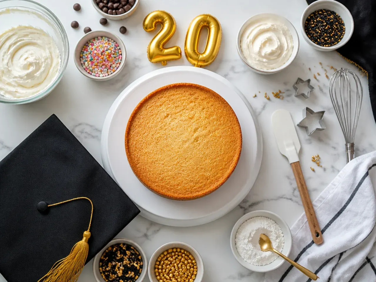 Piping bags, gel food colouring and a kitchen scale laid out beside a partially iced graduation cake