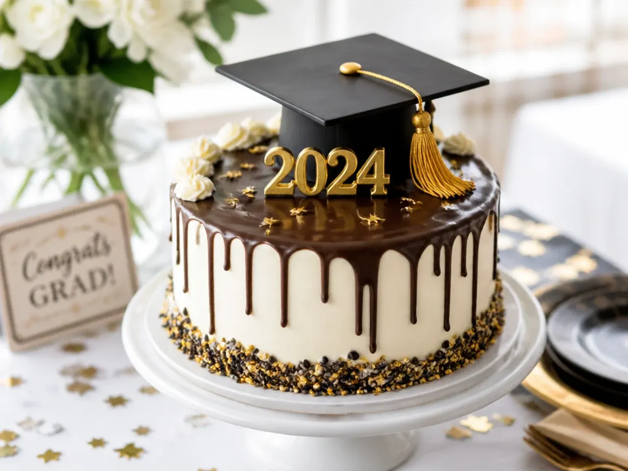 Graduation cake sliced and served on plates alongside cupcakes and cups of coffee at a party table