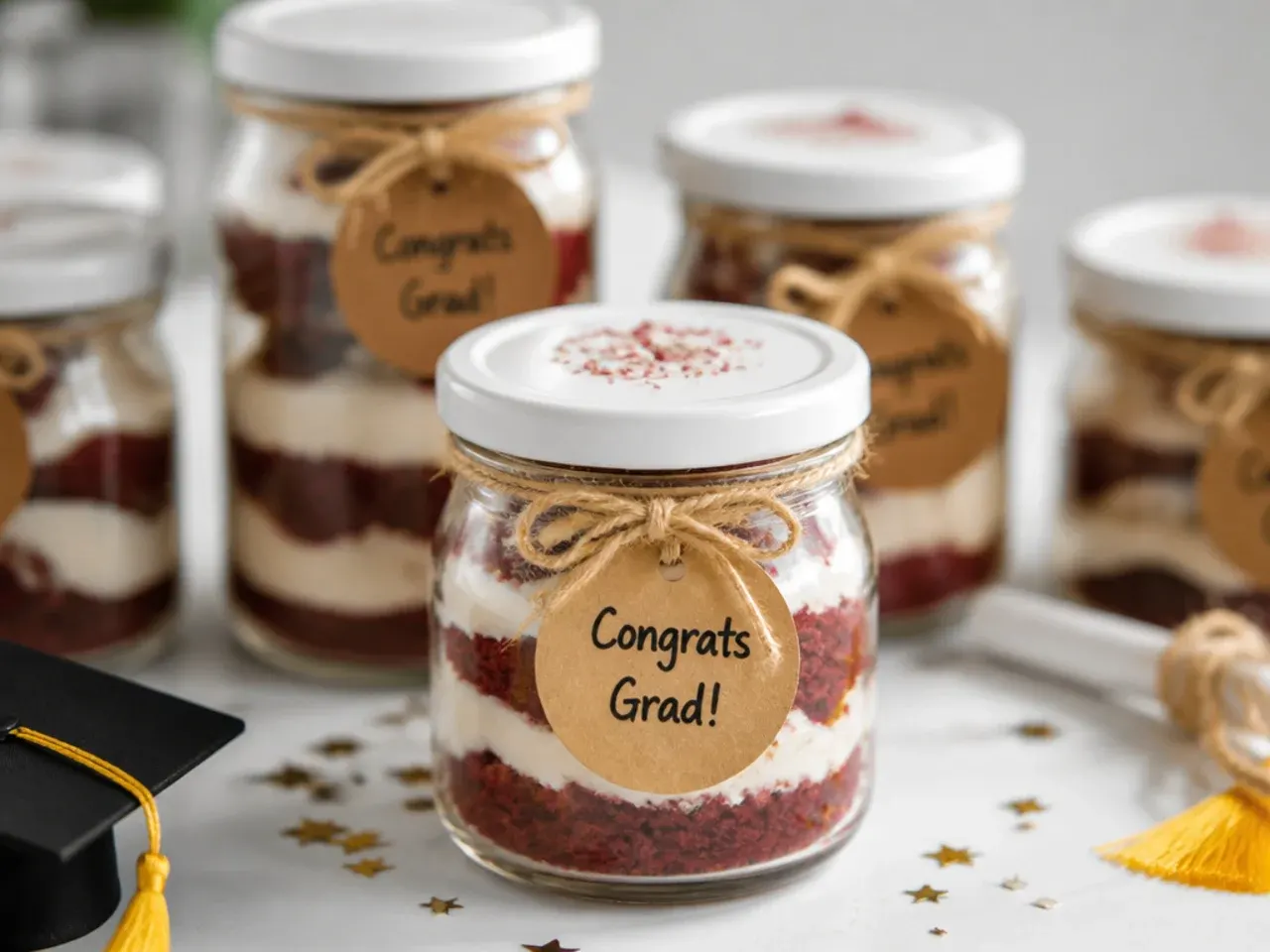 Frosted graduation cake stored under a cake dome on the counter, wrapped sponge layers visible in the background