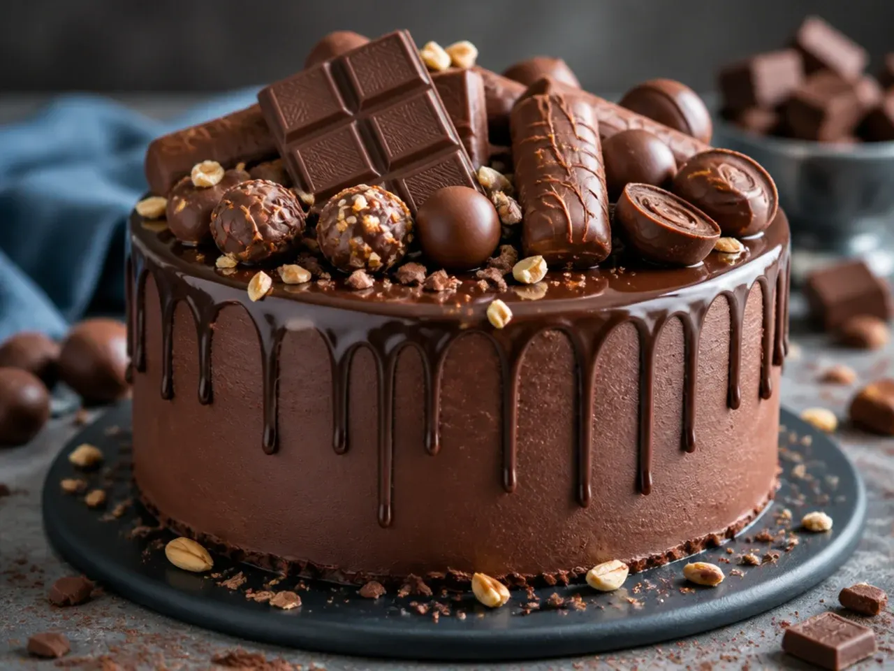 Overhead shot of a rustic chocolate cake with caramel drip and toasted nuts, styled simply for a man's birthday