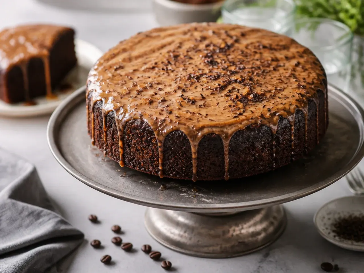 Simple one-bowl espresso chocolate cake dusted with cocoa powder on a wooden board