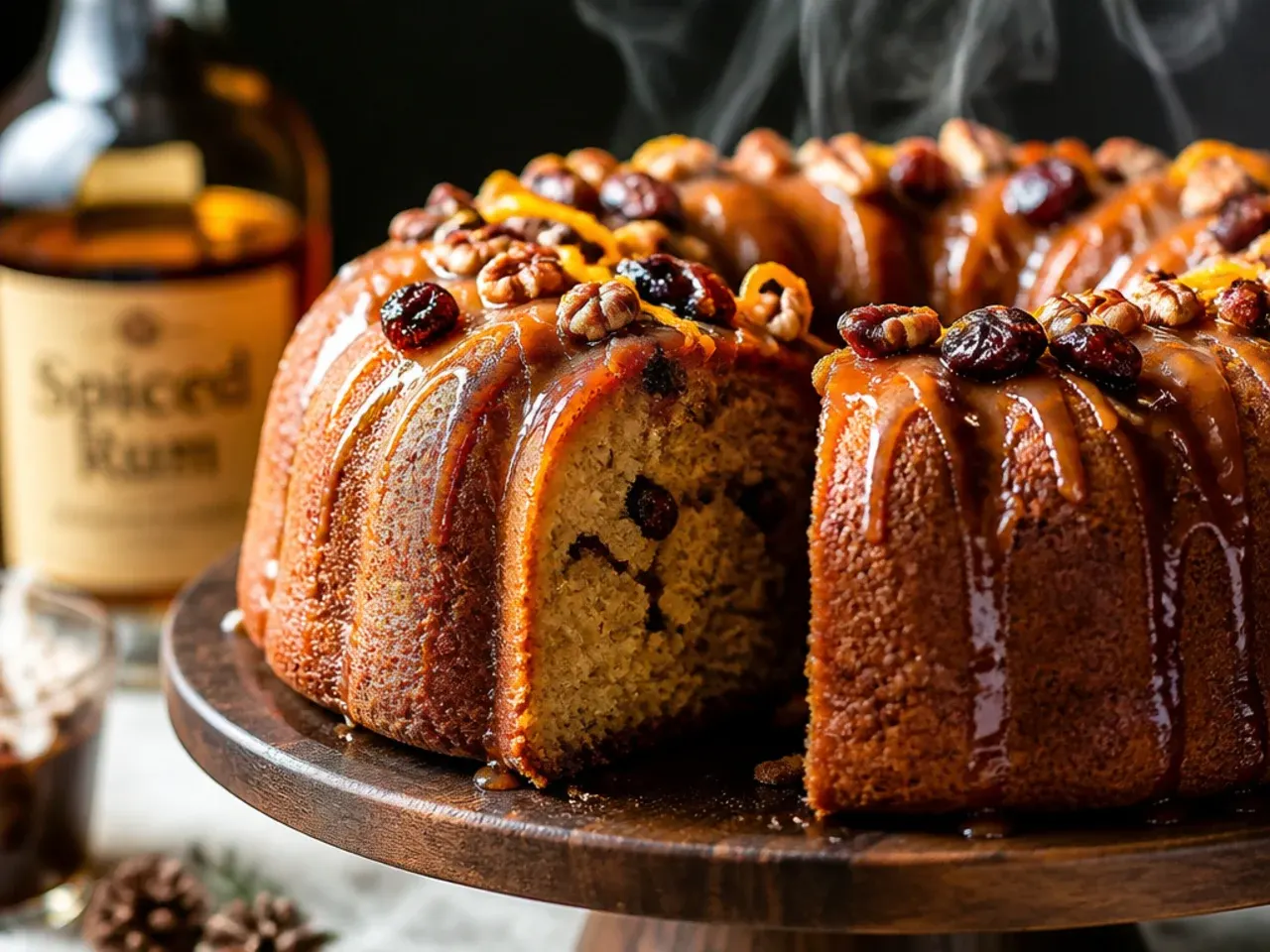Golden spiced rum bundt cake glazed and cooling on a wire rack