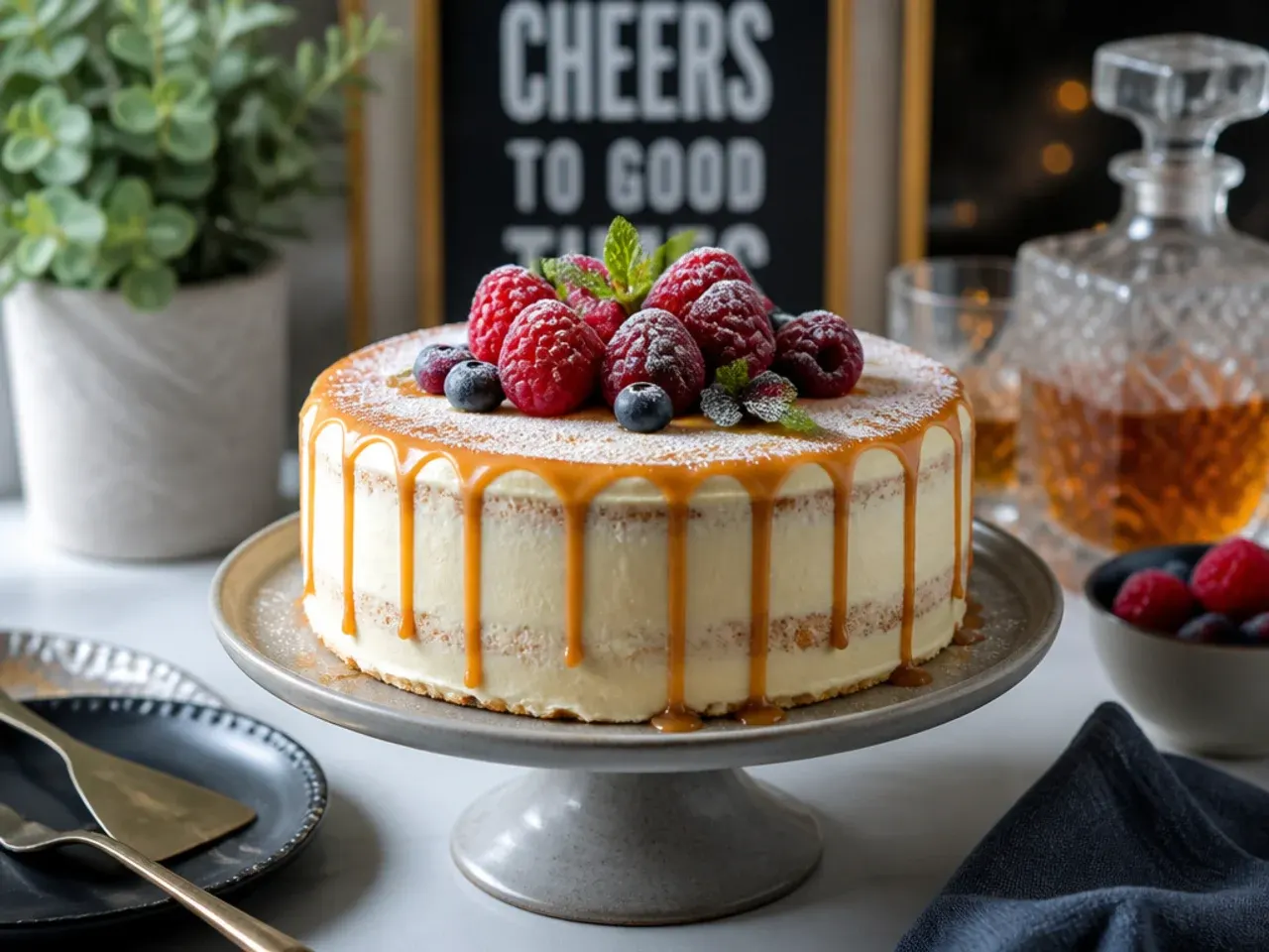 Plain vanilla layer cake with a dark caramel drip running down white frosting