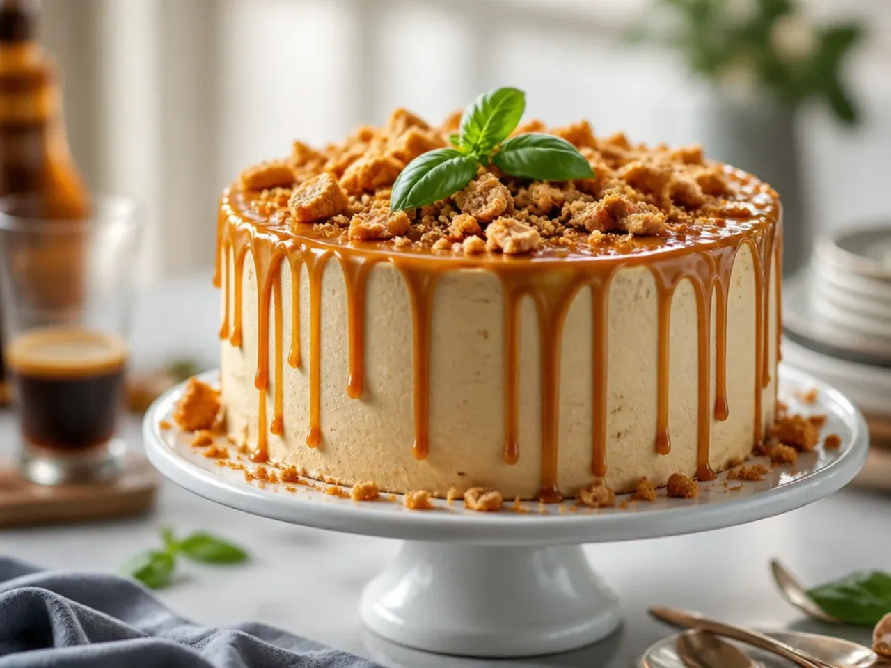 Cross-section of a layered salted caramel cake showing caramel filling between vanilla sponge layers